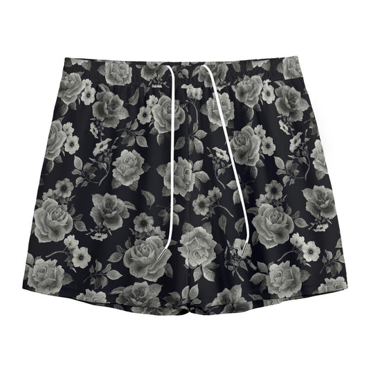 Monochrome Rose Floral Pattern Print Mesh Shorts