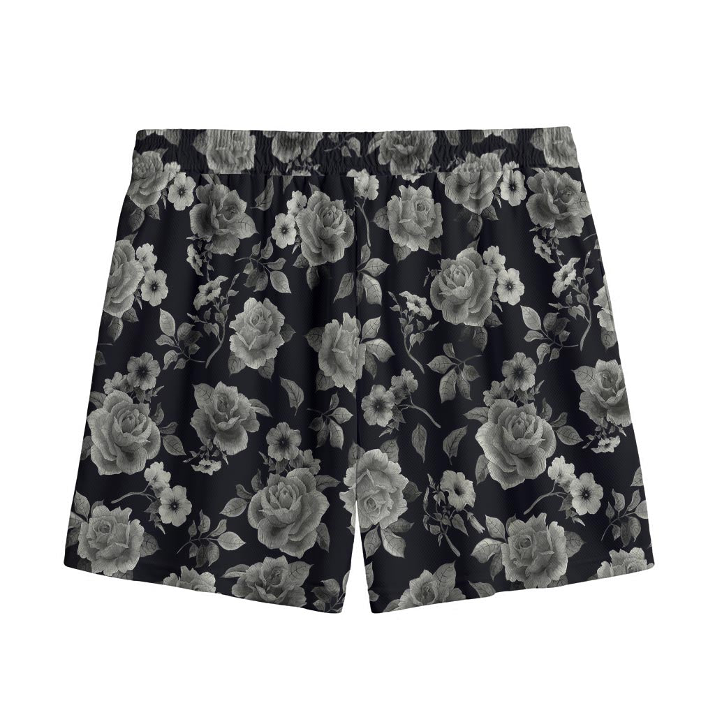 Monochrome Rose Floral Pattern Print Mesh Shorts