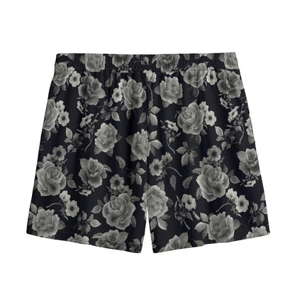 Monochrome Rose Floral Pattern Print Mesh Shorts