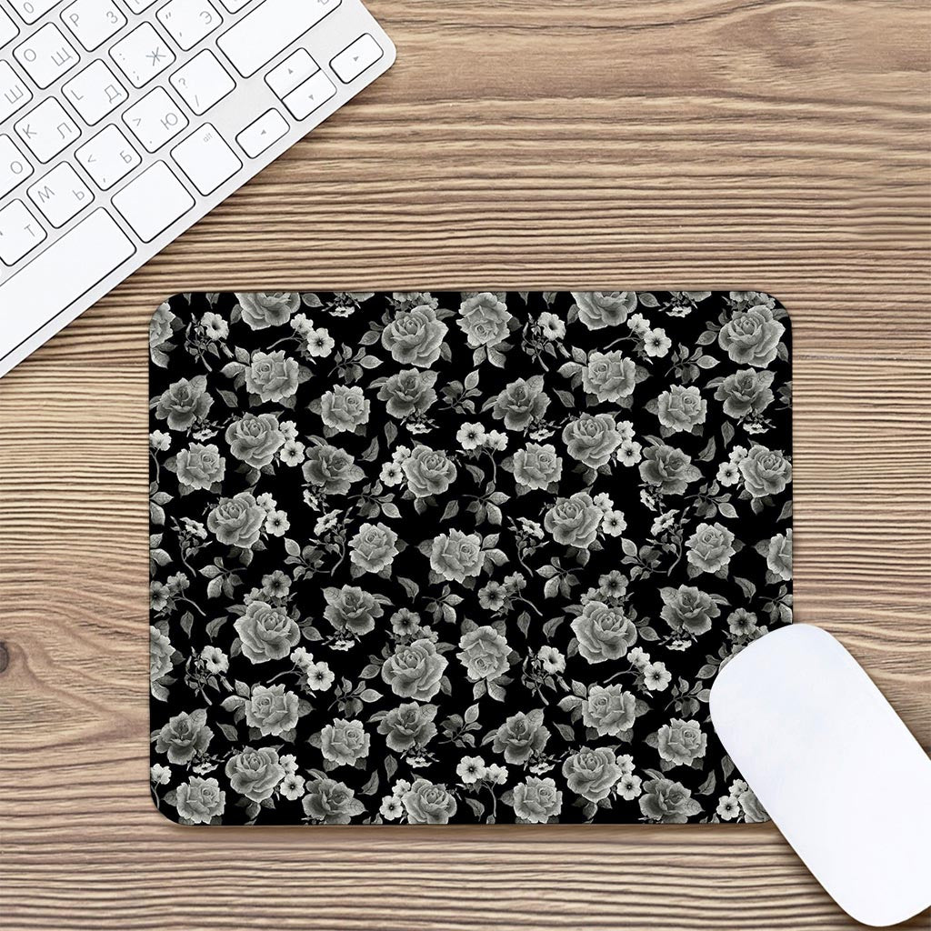 Monochrome Rose Floral Pattern Print Mouse Pad