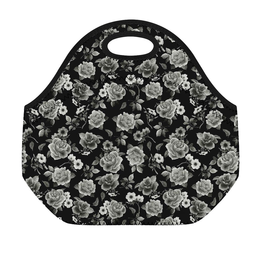 Monochrome Rose Floral Pattern Print Neoprene Lunch Bag