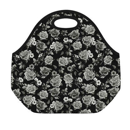 Monochrome Rose Floral Pattern Print Neoprene Lunch Bag