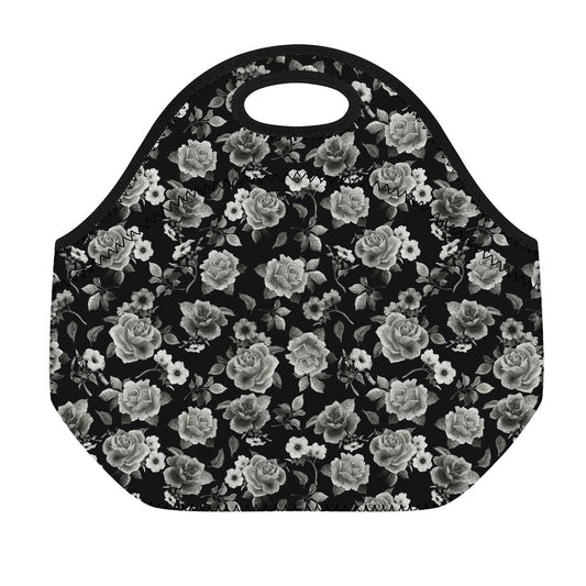 Monochrome Rose Floral Pattern Print Neoprene Lunch Bag