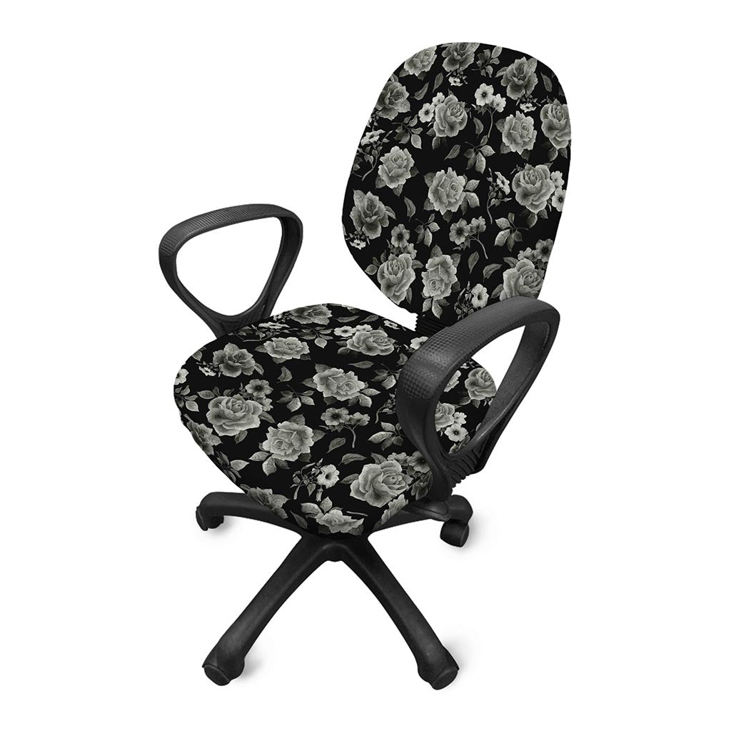 Monochrome Rose Floral Pattern Print Office Chair Cover
