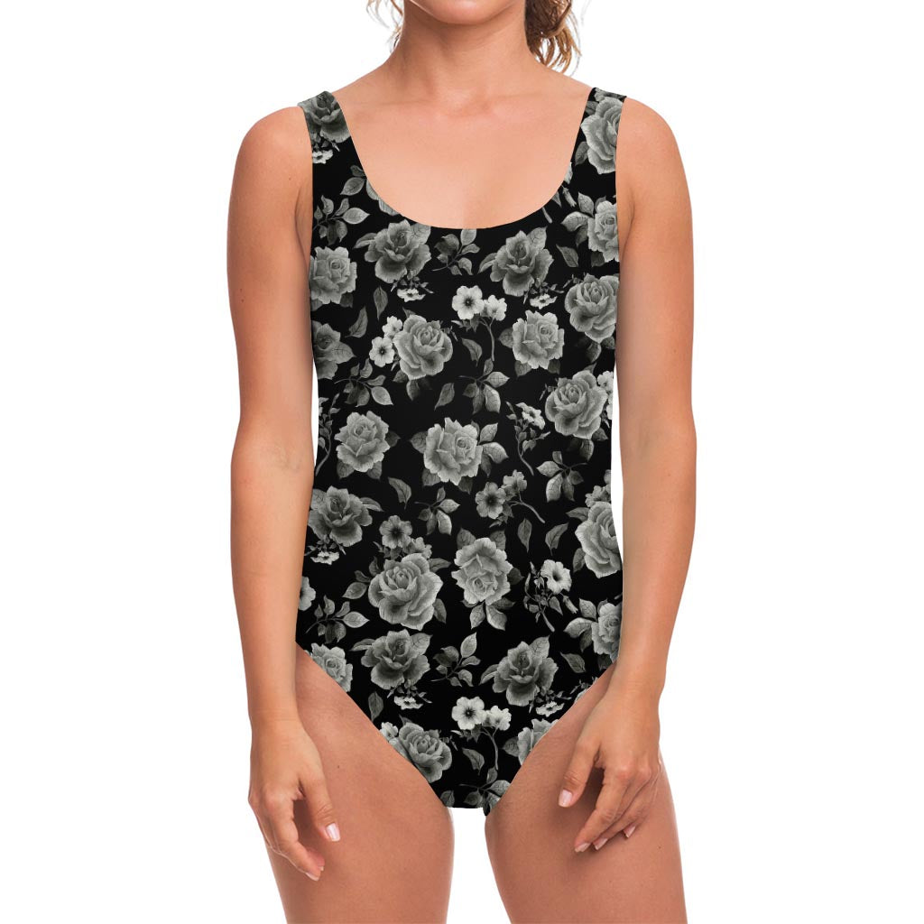 Monochrome Rose Floral Pattern Print One Piece Swimsuit