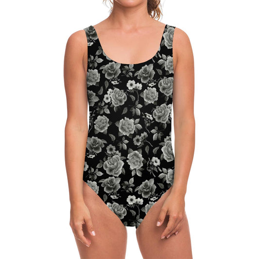 Monochrome Rose Floral Pattern Print One Piece Swimsuit