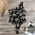 Monochrome Rose Floral Pattern Print One Shoulder Bodysuit