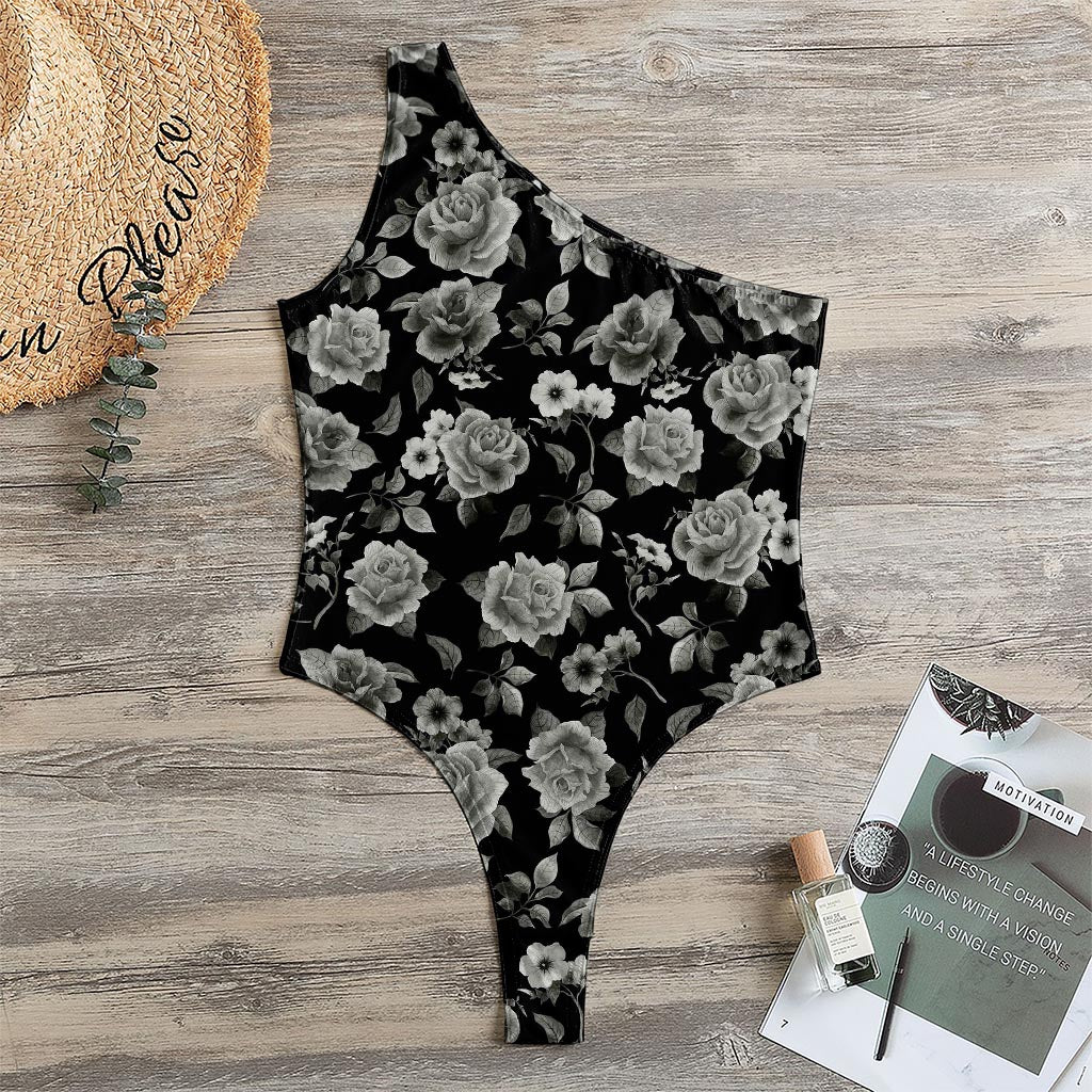 Monochrome Rose Floral Pattern Print One Shoulder Bodysuit