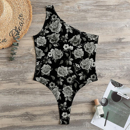 Monochrome Rose Floral Pattern Print One Shoulder Bodysuit