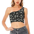 Monochrome Rose Floral Pattern Print One Shoulder Crop Top