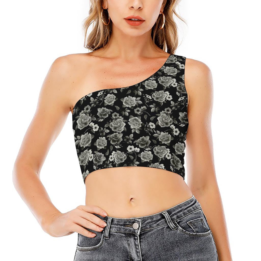 Monochrome Rose Floral Pattern Print One Shoulder Crop Top