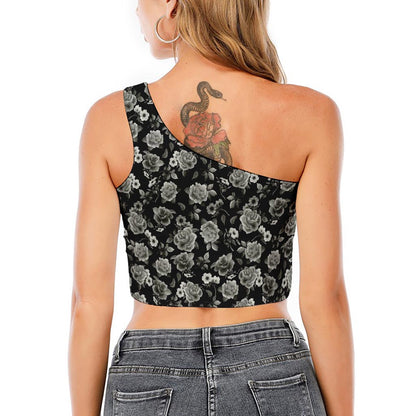 Monochrome Rose Floral Pattern Print One Shoulder Crop Top