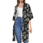 Monochrome Rose Floral Pattern Print Open Front Beach Cover Up