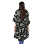 Monochrome Rose Floral Pattern Print Open Front Beach Cover Up