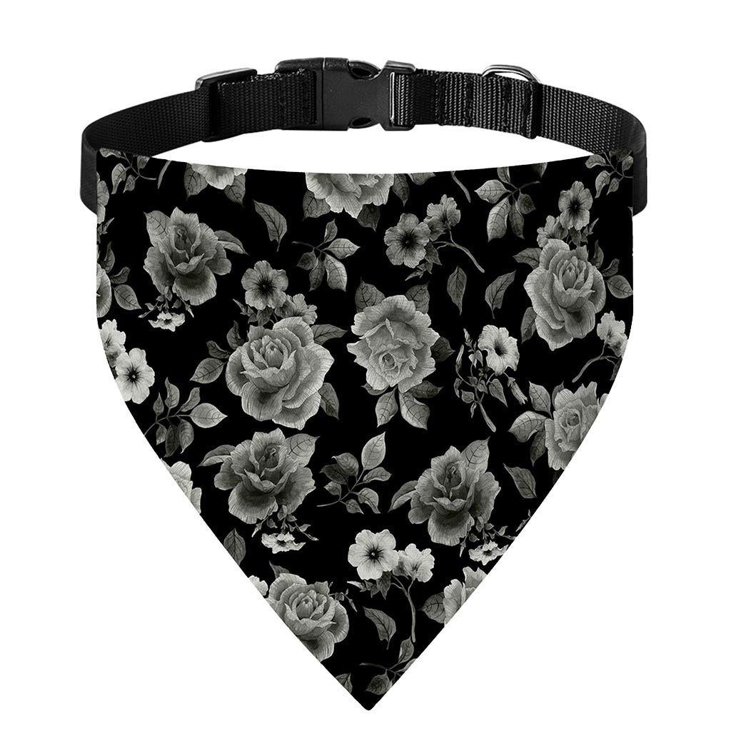 Monochrome Rose Floral Pattern Print Over The Collar Dog Bandana