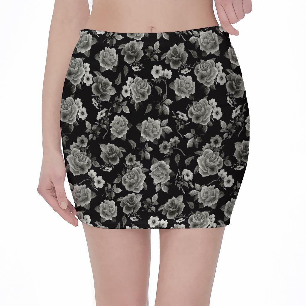 Monochrome Rose Floral Pattern Print Pencil Mini Skirt