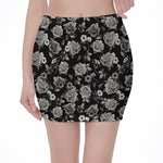 Monochrome Rose Floral Pattern Print Pencil Mini Skirt