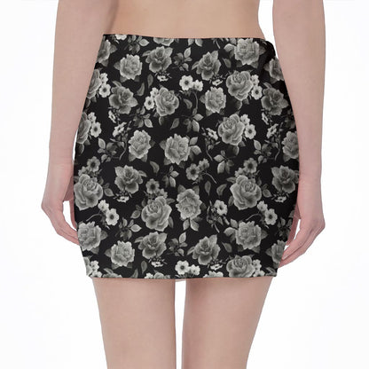 Monochrome Rose Floral Pattern Print Pencil Mini Skirt
