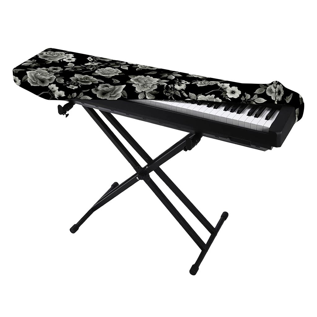 Monochrome Rose Floral Pattern Print Piano Keyboard Cover
