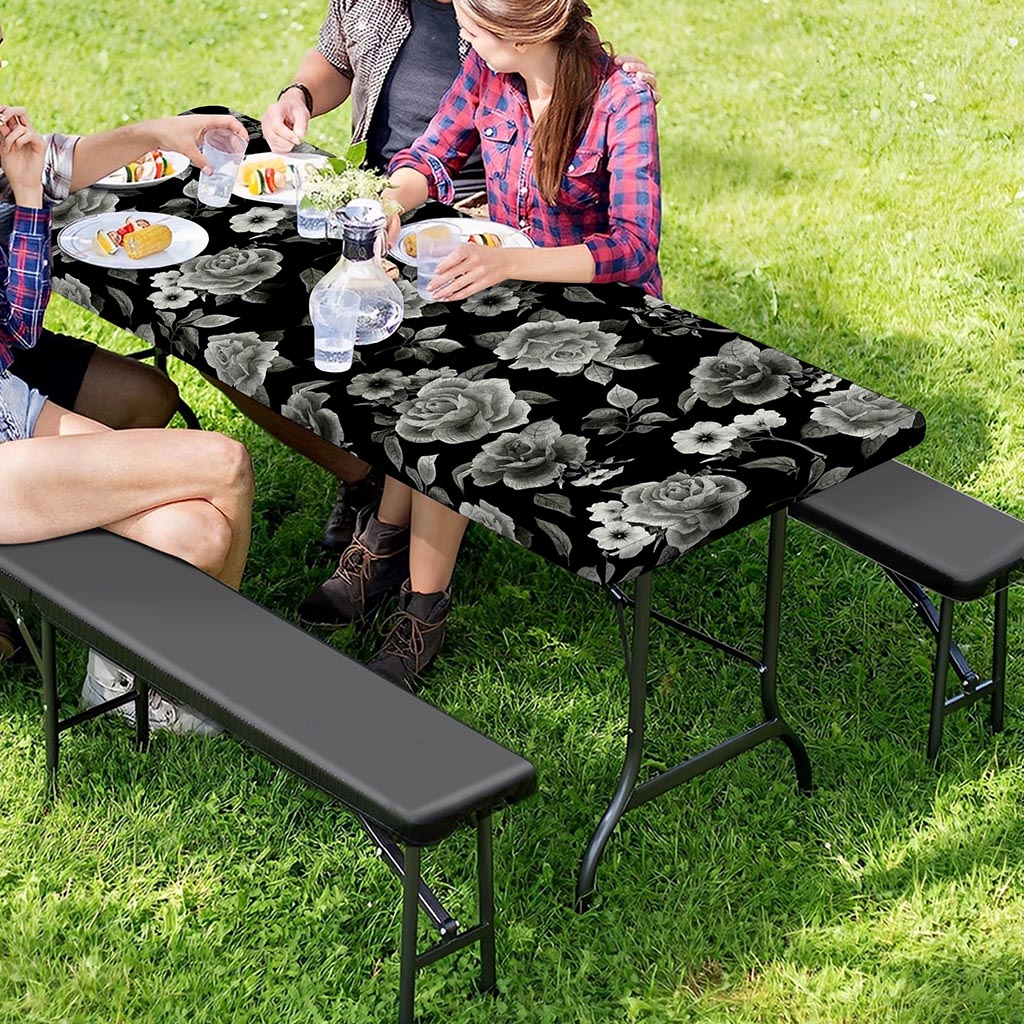 Monochrome Rose Floral Pattern Print Picnic Table Cover