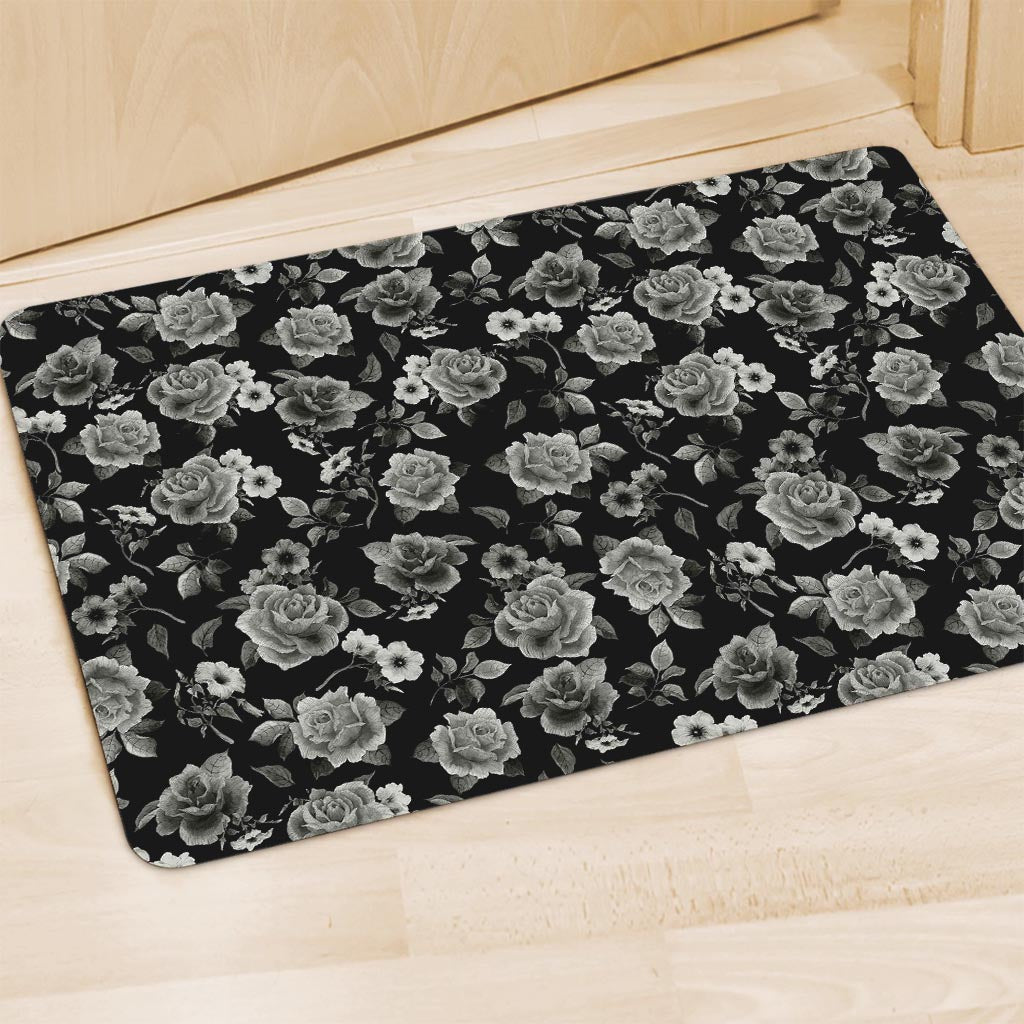Monochrome Rose Floral Pattern Print Polyester Doormat