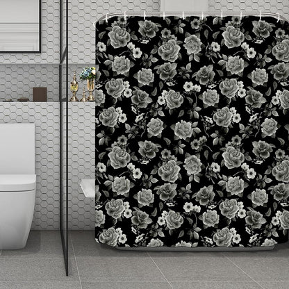 Monochrome Rose Floral Pattern Print Polyester Shower Curtain