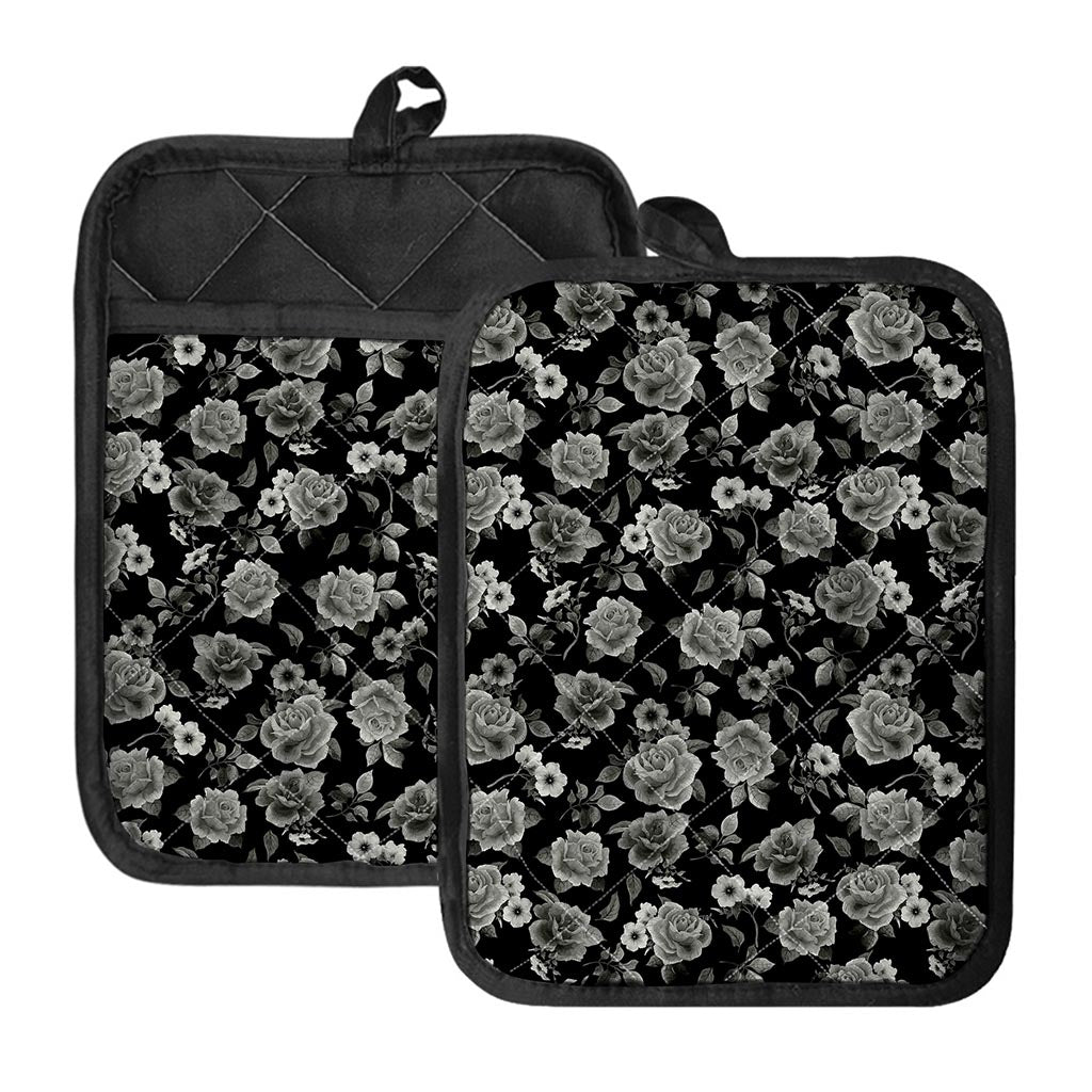 Monochrome Rose Floral Pattern Print Pot Holders With Pocket