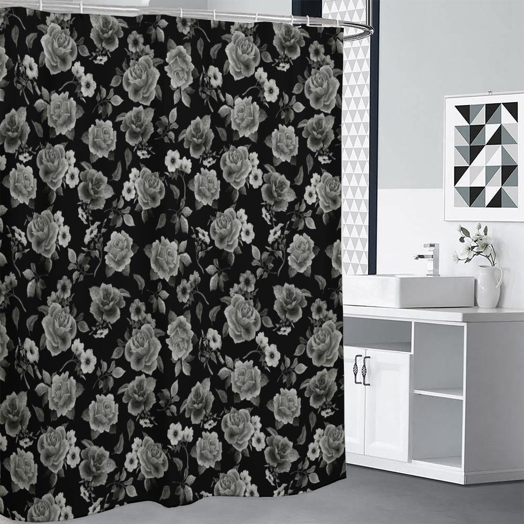 Monochrome Rose Floral Pattern Print Premium Shower Curtain