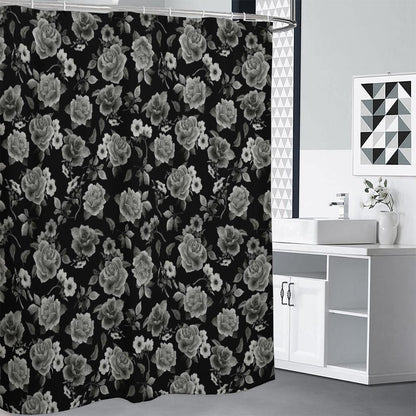 Monochrome Rose Floral Pattern Print Premium Shower Curtain