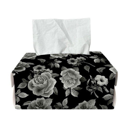 Monochrome Rose Floral Pattern Print Rectangle Tissue Box Cover