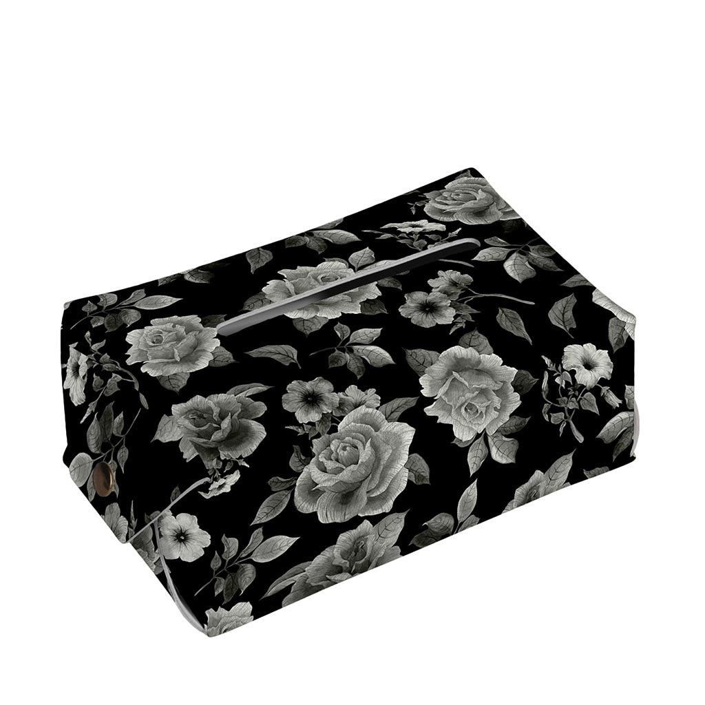 Monochrome Rose Floral Pattern Print Rectangle Tissue Box Cover