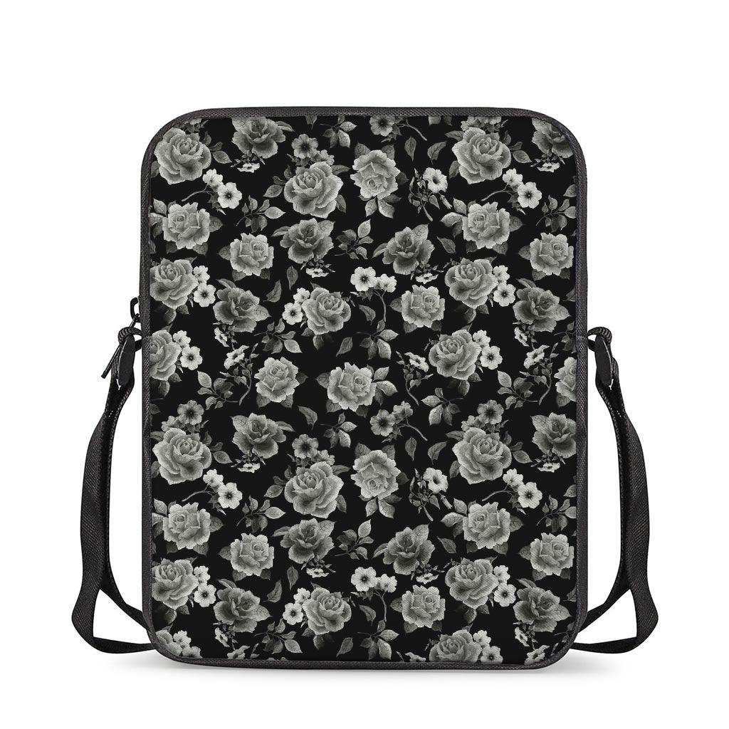 Monochrome Rose Floral Pattern Print Rectangular Crossbody Bag