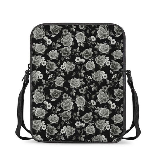 Monochrome Rose Floral Pattern Print Rectangular Crossbody Bag