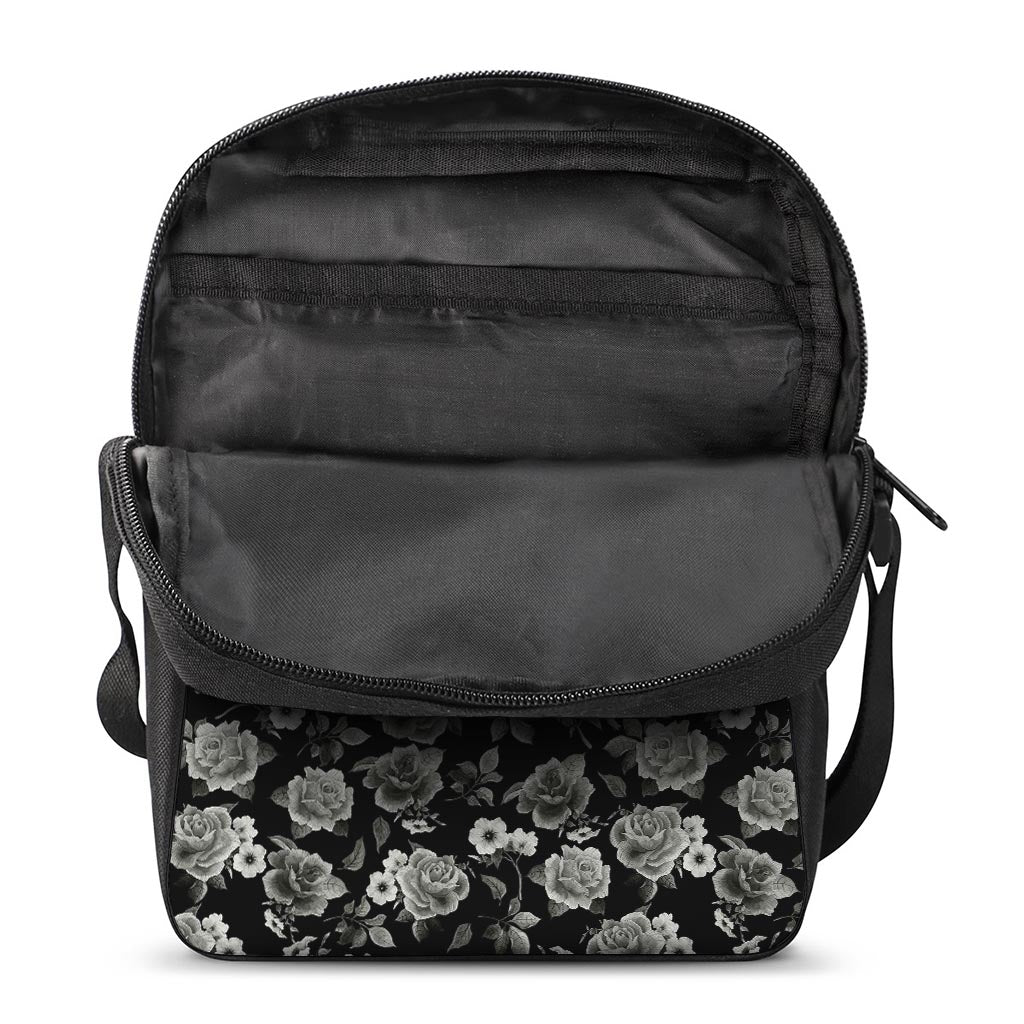 Monochrome Rose Floral Pattern Print Rectangular Crossbody Bag