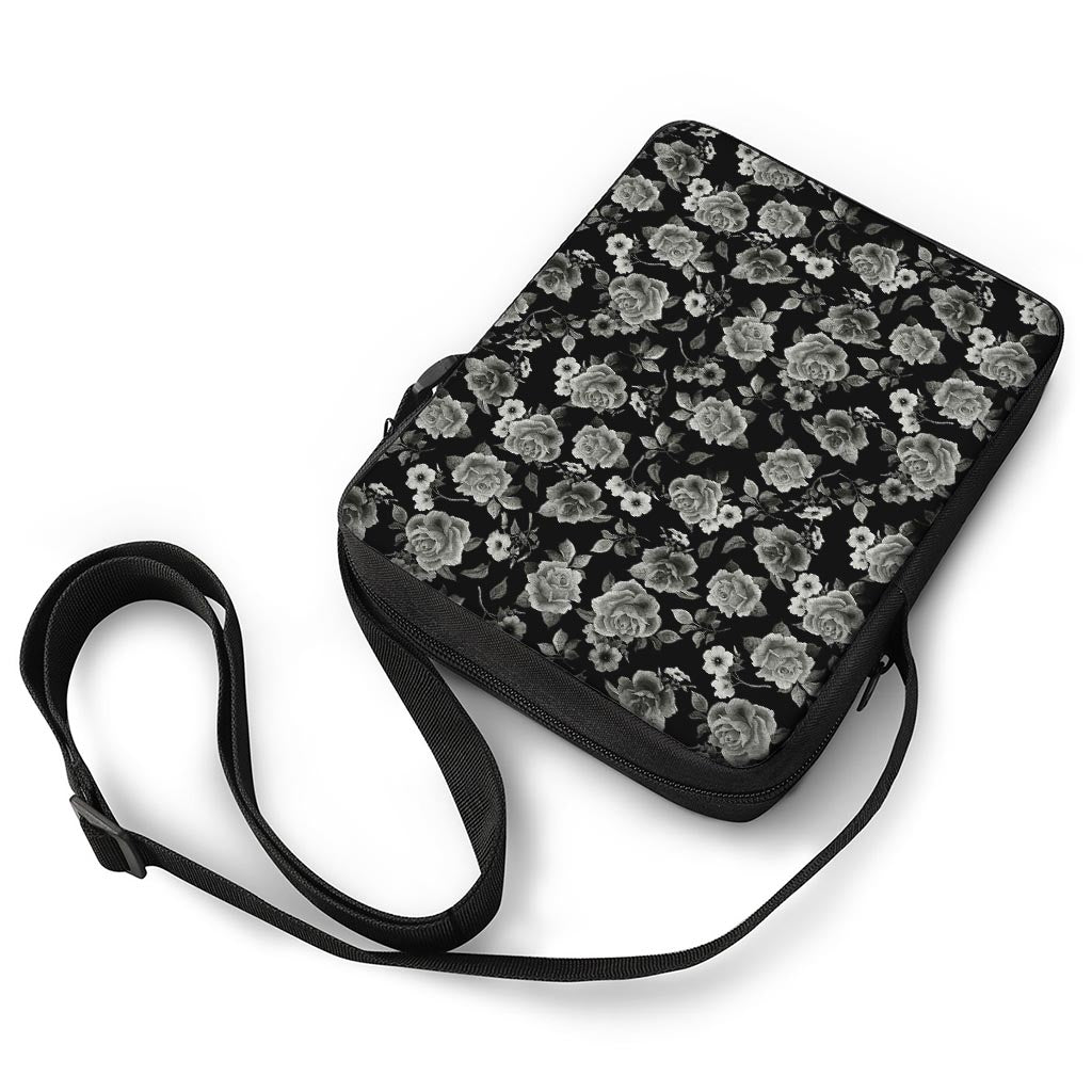 Monochrome Rose Floral Pattern Print Rectangular Crossbody Bag