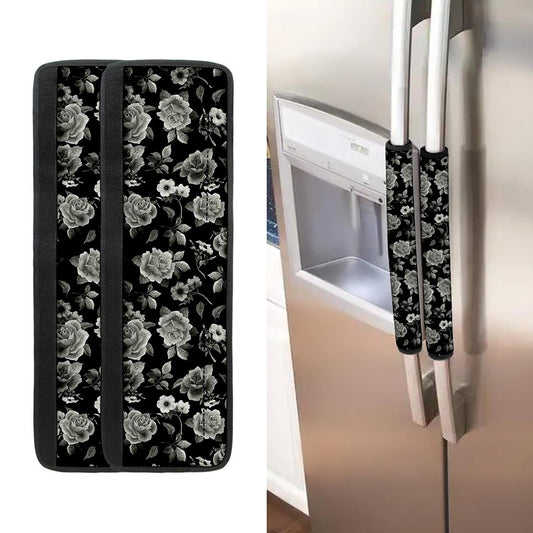 Monochrome Rose Floral Pattern Print Refrigerator Handle Covers