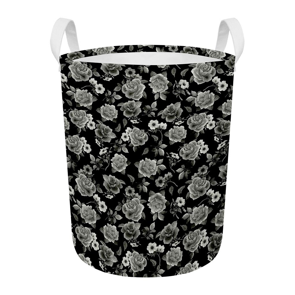 Monochrome Rose Floral Pattern Print Round Laundry Basket