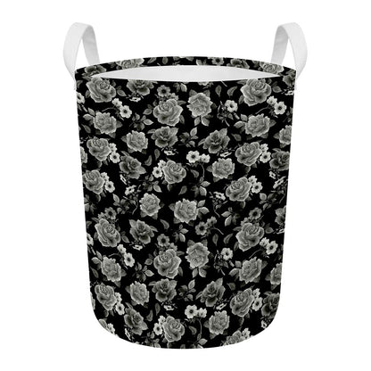 Monochrome Rose Floral Pattern Print Round Laundry Basket