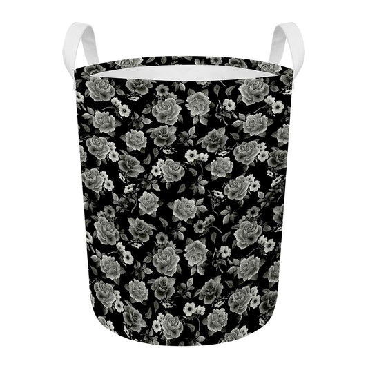 Monochrome Rose Floral Pattern Print Round Laundry Basket
