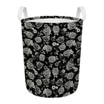Monochrome Rose Floral Pattern Print Round Laundry Basket