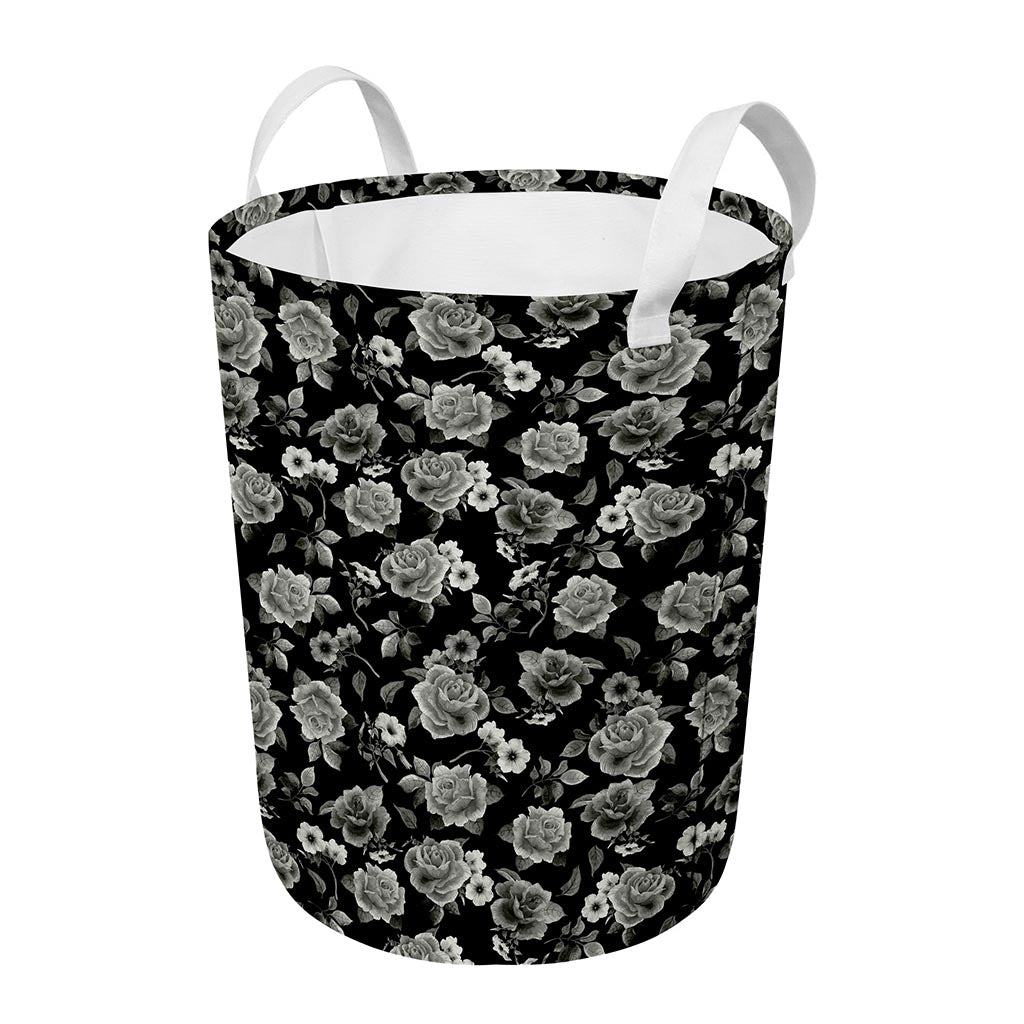 Monochrome Rose Floral Pattern Print Round Laundry Basket