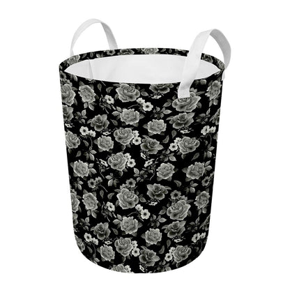 Monochrome Rose Floral Pattern Print Round Laundry Basket