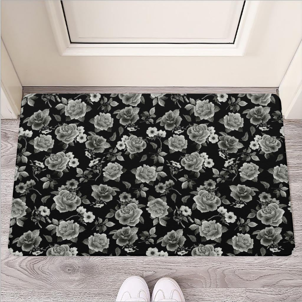 Monochrome Rose Floral Pattern Print Rubber Doormat