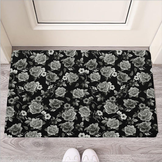 Monochrome Rose Floral Pattern Print Rubber Doormat
