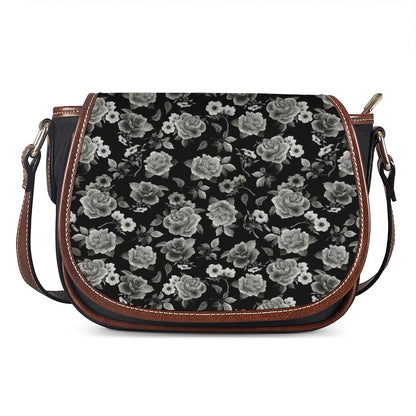 Monochrome Rose Floral Pattern Print Saddle Bag