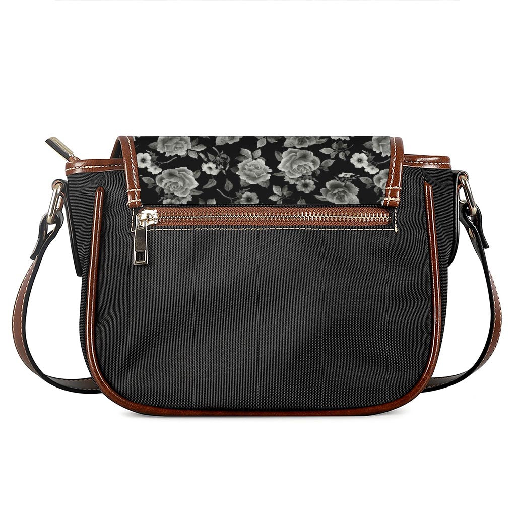 Monochrome Rose Floral Pattern Print Saddle Bag