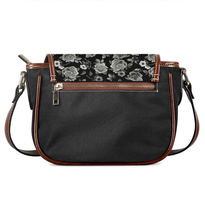 Monochrome Rose Floral Pattern Print Saddle Bag