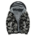 Monochrome Rose Floral Pattern Print Sherpa Lined Zip Up Hoodie