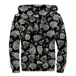 Monochrome Rose Floral Pattern Print Sherpa Lined Zip Up Hoodie