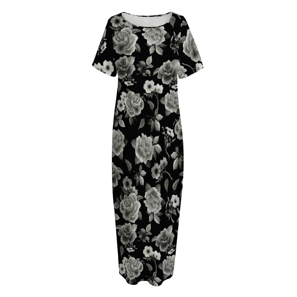 Monochrome Rose Floral Pattern Print Short Sleeve Long Nightdress